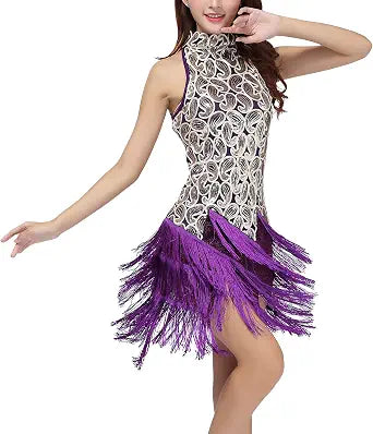 Women's Mock Neck Sequin Tassel Fringe Dress Salsa Latin Ballroom Rave Party Dance Costume