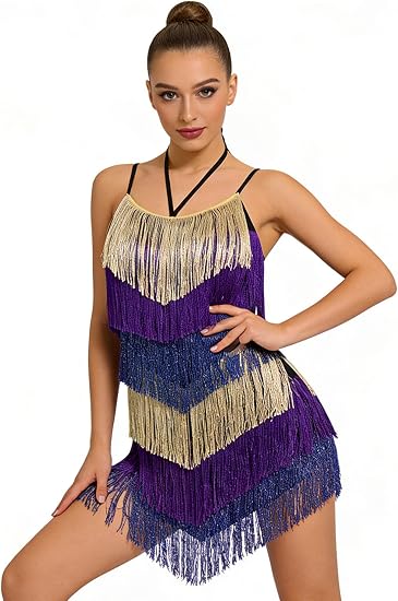 Women's Fringe Latin Dance Dress - Halter Backless Adjustable Cami Straps Color Block Salsa Ballroom Dance Costume