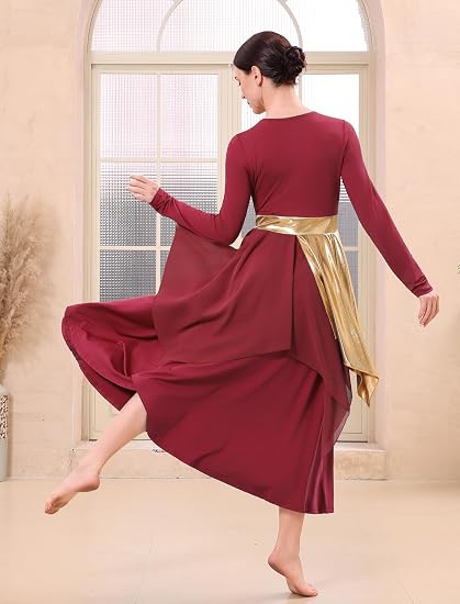 Metallic Praise Dance Dress for Women Asymmetric Ruffle Overlay Dresses Liturgical Lyrical Dancewear Worship Costume