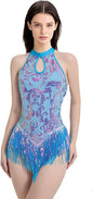 Womens Sequin Fringe Bodysuit / Latin Jazz Dance Costume