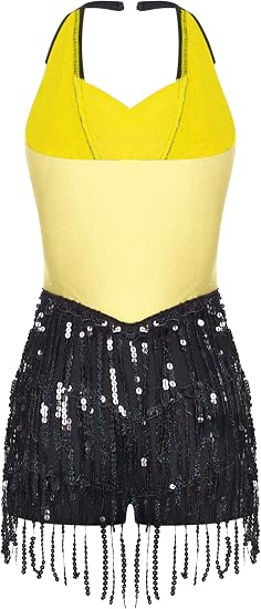 Women's Latin Jazz Costume Shiny Sequins Fringe Jumpsuit Sleeveless Tassel Leotard Dancewear