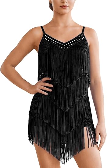 Rhinestone Latin Dance Dress for Women Fringe Bodysuit Tassel Leotard Fringe Romper Salsa Jazz Dance Costume