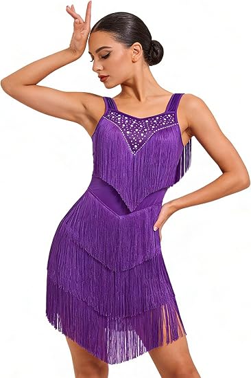 Women's Latin Dance Dress - Sparkly Rhinestones Fringe Salsa Ballroom Dance Outfit Stage Performance Costume