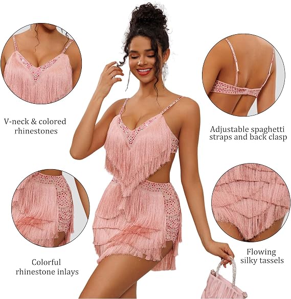 NKBRK Rhinestone Fringe Tassel Tiered One Piece Bodysuit Latin Dance Backless Disco Birthday Rave Outfit