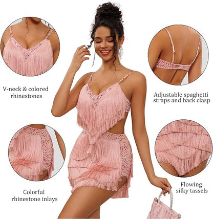 NKBRK Rhinestone Fringe Tassel Tiered One Piece Bodysuit Latin Dance Backless Disco Birthday Rave Outfit