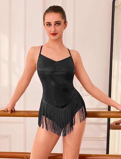 Glitter Metallic Fringe Bodysuit for Women Cross Back Leotard V Neck Tassel Romper Latin Jazz Dance Costume