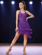 Sparkly Tassel Latin Dance Dress for Women Halter Asymmetric Fringe Flapper Dresses Mesh Salsa Tango Ballroom Dance Costume