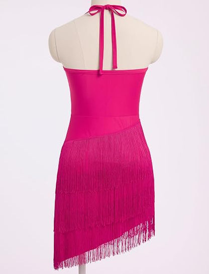 Sparkly Tassel Latin Dance Dress for Women Halter Asymmetric Fringe Flapper Dresses Mesh Salsa Tango Ballroom Dance Costume