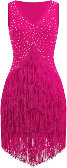 Women Latin Dance Dress Sleeveless V Neck Rhinestone Top Midi Fringe Skirt Jazz Ballroom Outfit