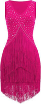 Women Latin Dance Dress Sleeveless V Neck Rhinestone Top Midi Fringe Skirt Jazz Ballroom Outfit