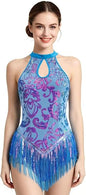 Sparkly Sequin Fringe Bodysuit Women Acrobat Skating Leotard Latin Jazz Rave Dance Costumes