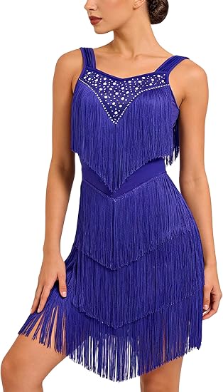 Women's Latin Dance Dress - Sparkly Rhinestones Fringe Salsa Ballroom Dance Outfit Stage Performance Costume