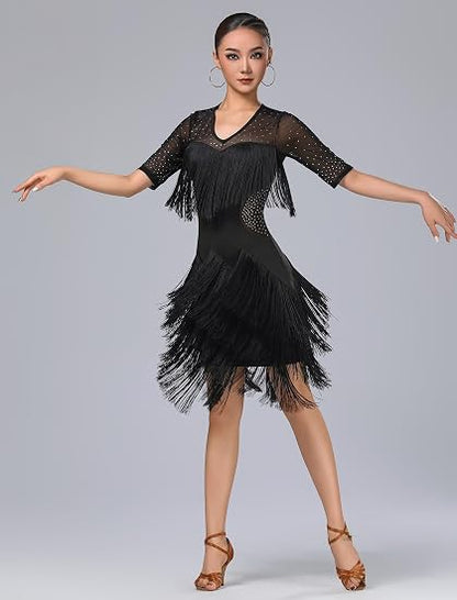 Rhinestones Layered Fringe Dress Ballroom Latin Dance Dress for Women Tassel Flapper Dresses Salsa Dancing Costume
