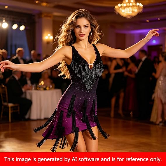 Latin Dance Dress Women Competition Costume Purple Black for Stage Performance Professional Training