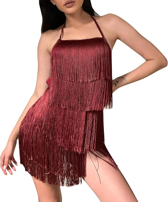 Women Halter Tassel Fringe Romper Layered Sexy Backless Fringe Dress Latin Dace Jumpsuits Disco Music Festival Outfit