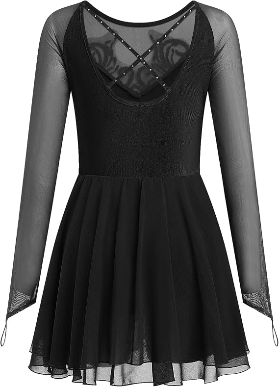 Women's Figure Ice Skating Dress Shiny Rhinestones Ballet Dance Dress Long Sleeve Competition Lyrical Chiffon Dress