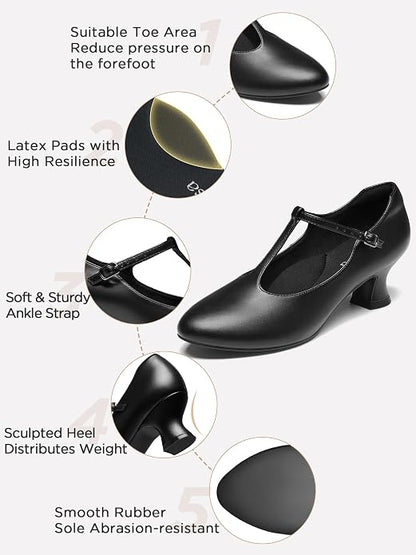 2.5" T-Strap Character Shoes for Women, 1920s Ballroom Latin Dance Shoe