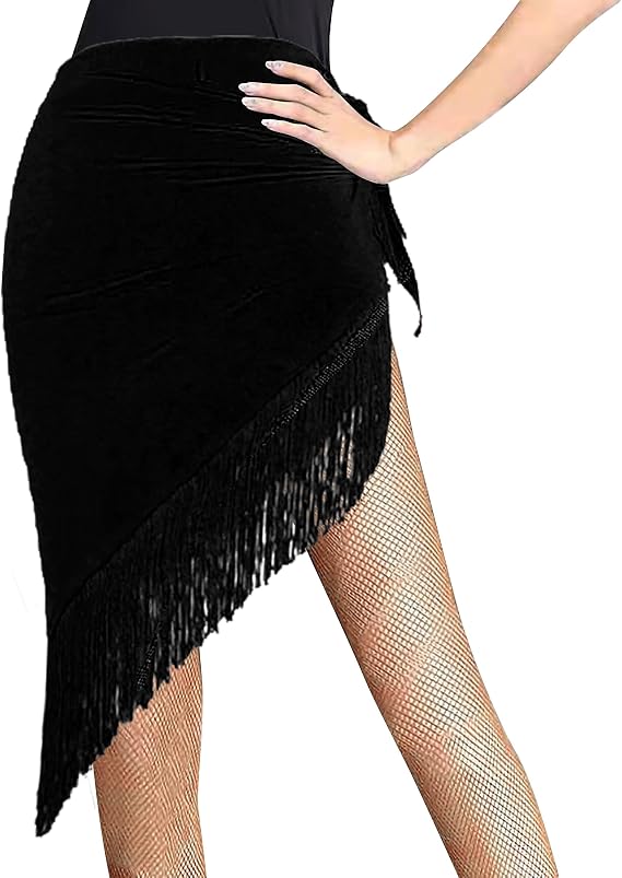 Ladies Latin Dance Fringed Triangle Hip Scarf Women High-Split Tassel Wrap Skirt Rumba Dancing Costume for Salsa Cha-cha