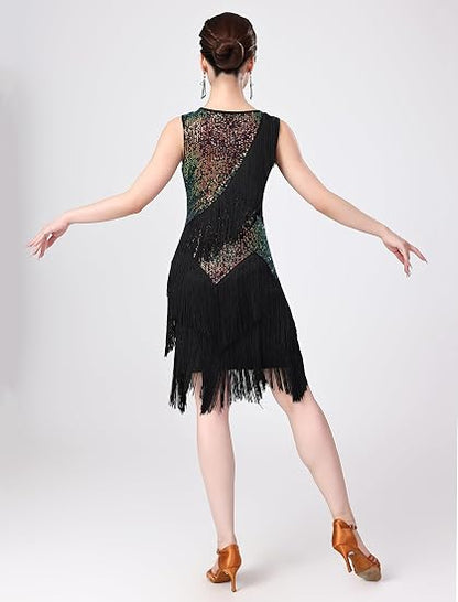 Women Sexy Fringe Latin Dance Dress Sequins Flapper Tassel Jazz Costume Sleeveless V-Neck Dancing Party Outfit