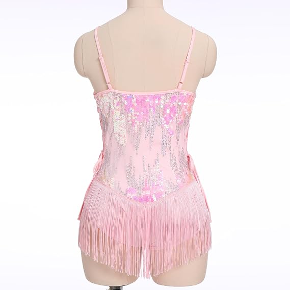Sequin Fringe Bodysuit for Women Sparkly Hollow Out Tassel Romper Leotard Rave Latin Jazz Dance Costume