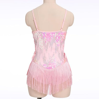Sequin Fringe Bodysuit for Women Sparkly Hollow Out Tassel Romper Leotard Rave Latin Jazz Dance Costume