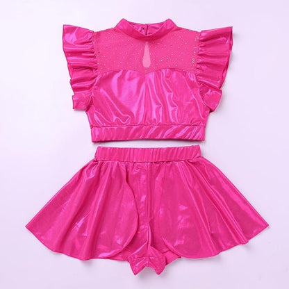 Women Metallic Dance Dress Ruffle Sleeve Crop Top Mini Dance Short Half Skirt Adult Lyrical Costume