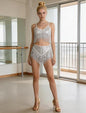 Womens Rave Outfit Sequin Fringe 2 Piece Set Sparkly Tassel Crop Top and Shorts for Halloween Festival Dance Party