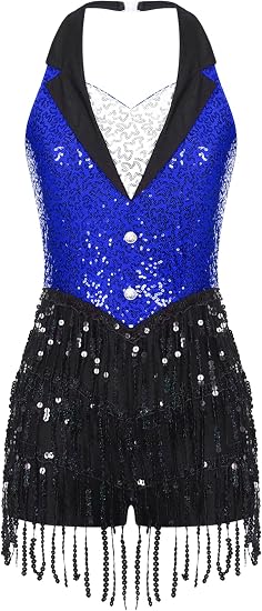 Women's Latin Jazz Costume Shiny Sequins Fringe Jumpsuit Sleeveless Tassel Leotard Dancewear