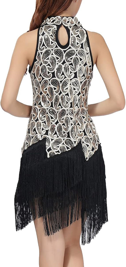 Women's Mock Neck Sequin Tassel Fringe Dress Salsa Latin Ballroom Rave Party Dance Costume