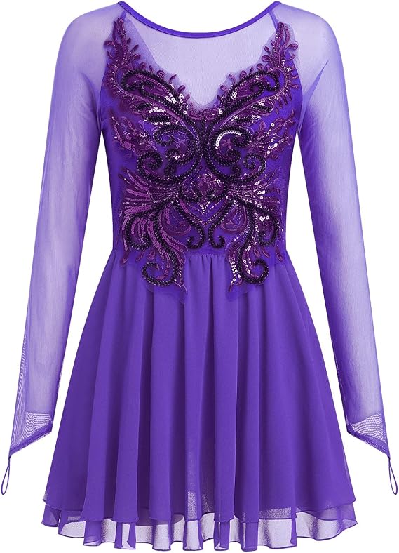 Women's Figure Ice Skating Dress Shiny Rhinestones Ballet Dance Dress Long Sleeve Competition Lyrical Chiffon Dress