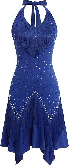 Women Halter Rhinestone Fringe Latin Dance Flapper Dress