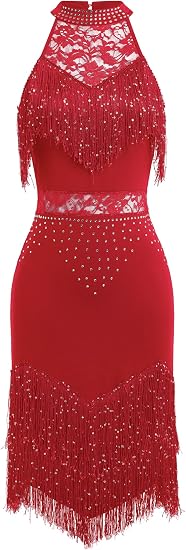 Sparkle Rhinestones Latin Dance Dress for Women Halter Tassel Sequin Fringe Flapper Dress 1920s Lace Ballroom Dance Costume