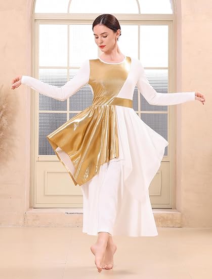 Metallic Praise Dance Dress for Women Asymmetric Ruffle Overlay Dresses Liturgical Lyrical Dancewear Worship Costume