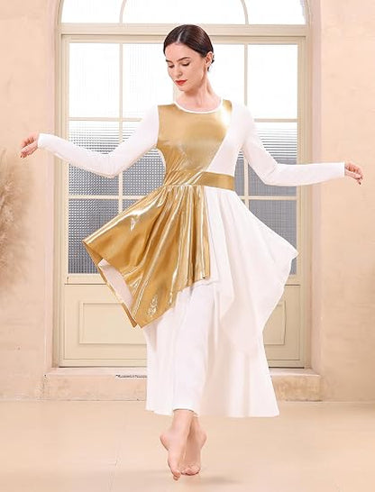 Metallic Praise Dance Dress for Women Asymmetric Ruffle Overlay Dresses Liturgical Lyrical Dancewear Worship Costume