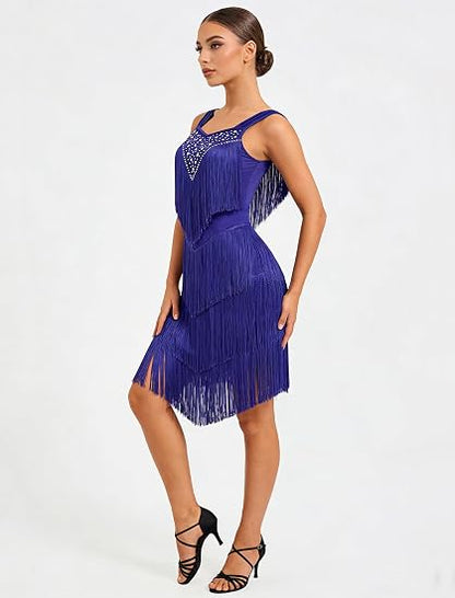 Women's Latin Dance Dress - Sparkly Rhinestones Fringe Salsa Ballroom Dance Outfit Stage Performance Costume