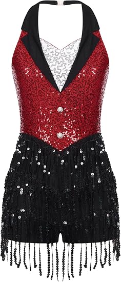 Women's Latin Jazz Costume Shiny Sequins Fringe Jumpsuit Sleeveless Tassel Leotard Dancewear