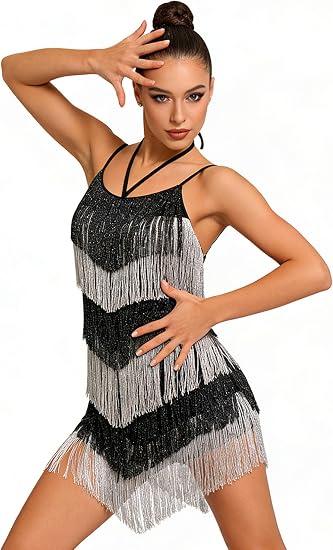 Women's Fringe Latin Dance Dress - Halter Backless Adjustable Cami Straps Color Block Salsa Ballroom Dance Costume