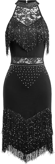 Sparkle Rhinestones Latin Dance Dress for Women Halter Tassel Sequin Fringe Flapper Dress 1920s Lace Ballroom Dance Costume