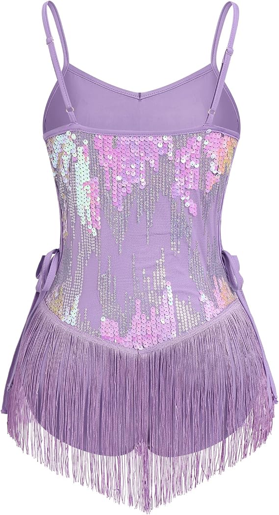 Women Sparkly Sequin Tassel Fringe Bodysuit Cami Strap Latin Dance Leotard Jumpsuit Festival Rave Outfits