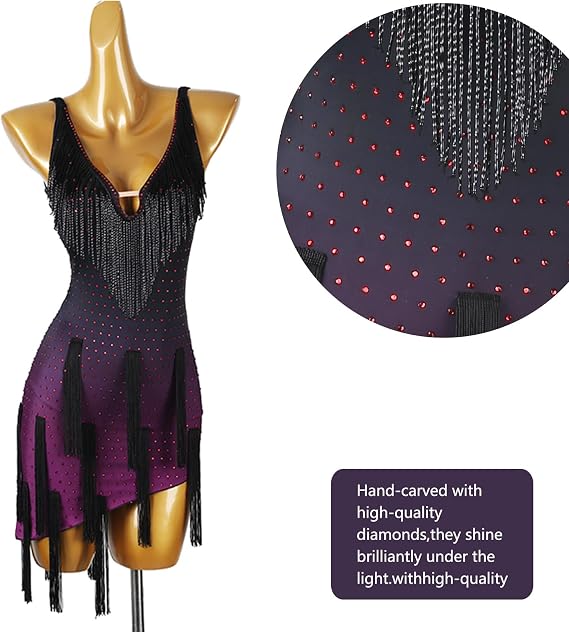 Latin Dance Dress Women Competition Costume Purple Black for Stage Performance Professional Training
