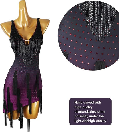 Latin Dance Dress Women Competition Costume Purple Black for Stage Performance Professional Training