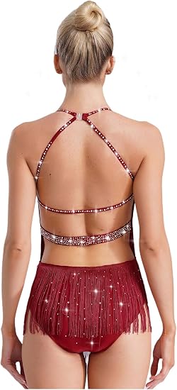 Women's Fringes Latin Dance Costume Halter Neck Sleeveless Bodysuit