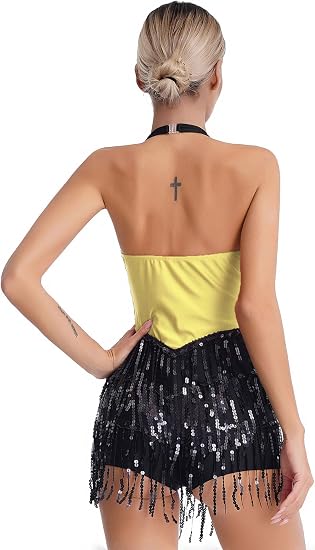 Women's Latin Jazz Costume Shiny Sequins Fringe Jumpsuit Sleeveless Tassel Leotard Dancewear
