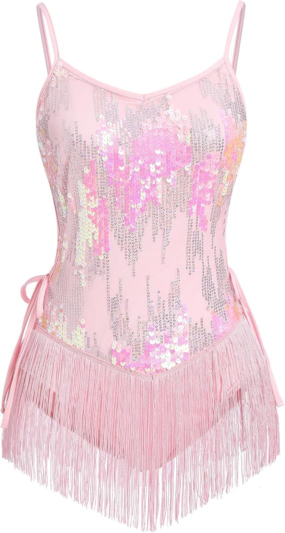 Sequin Fringe Bodysuit for Women Sparkly Hollow Out Tassel Romper Leotard Rave Latin Jazz Dance Costume