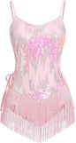 Women Sparkly Sequin Tassel Fringe Bodysuit Cami Strap Latin Dance Leotard Jumpsuit Festival Rave Outfits