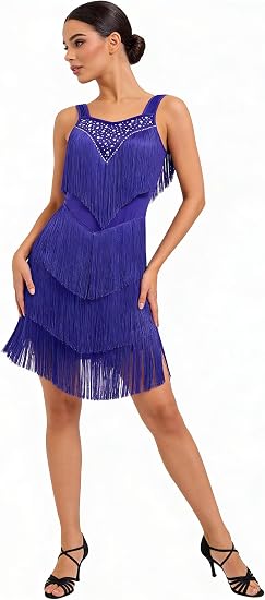 Women's Latin Dance Dress - Sparkly Rhinestones Fringe Salsa Ballroom Dance Outfit Stage Performance Costume