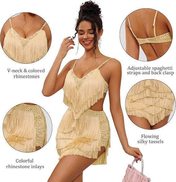 NKBRK Rhinestone Fringe Tassel Tiered One Piece Bodysuit Latin Dance Backless Disco Birthday Rave Outfit