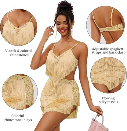 NKBRK Rhinestone Fringe Tassel Tiered One Piece Bodysuit Latin Dance Backless Disco Birthday Rave Outfit