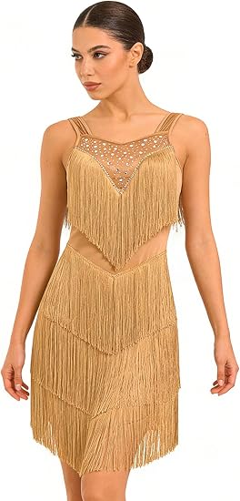 Women's Latin Dance Dress - Sparkly Rhinestones Fringe Salsa Ballroom Dance Outfit Stage Performance Costume