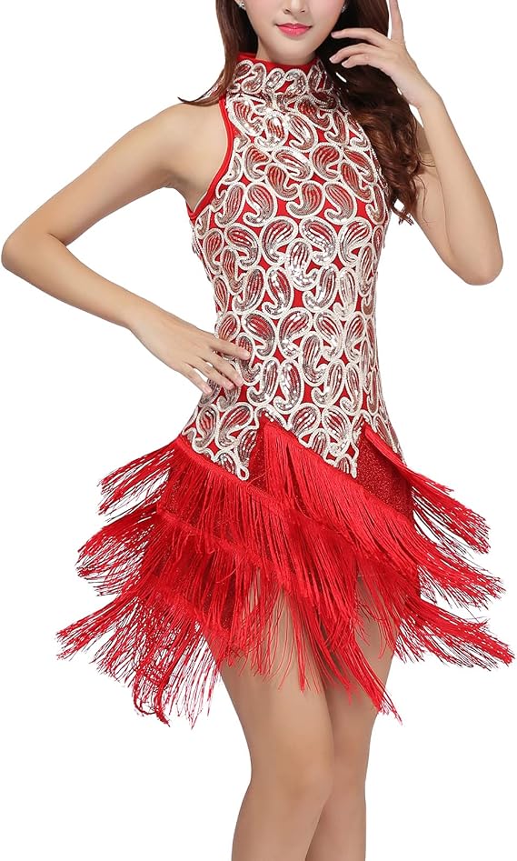 Women's Mock Neck Sequin Tassel Fringe Dress Salsa Latin Ballroom Rave Party Dance Costume